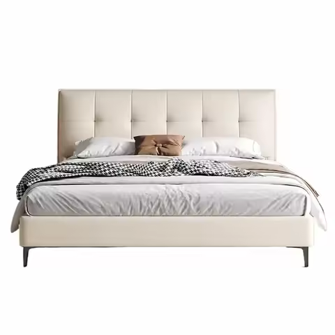 Solid Wood Frame Upholstered Bed with Leather and Fabric Art Design 1.8m Double Master Bedroom Large