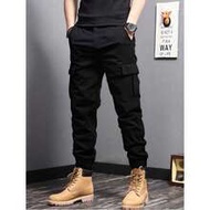 Men's Casual Outdoor Cargo Pants, Solid Color Ankle Tie Drawstring Multi-Pocket 3/4 Pants, Minimalis