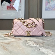 Chanel/香奈兒 22A手工坊系列櫻花粉羊皮琺琅粗鏈CF 肩背包斜背包