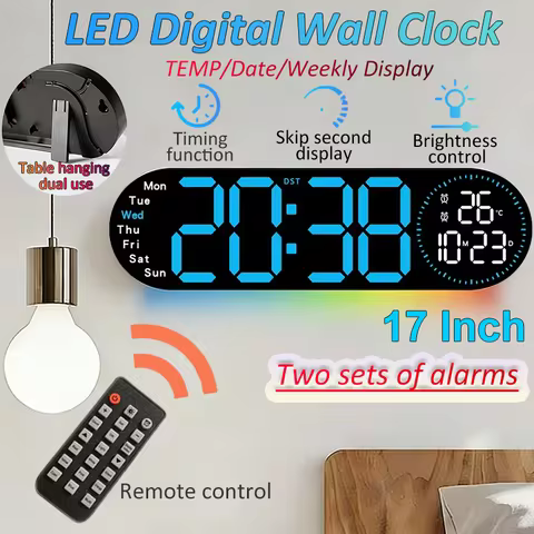 17 Inch LED Digital Wall Clock Remote Control with Colorful Ambient Light Temp/Date/Week Display Dua