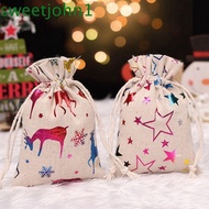 SWEETJOHN 10Pcs Christmas Candy Cotton Bag, Hot Gold Linen Christmas Bronzing Gift Bag, Cute Snowflake Printing Elk Christmas Gift Bag Christmas Eve
