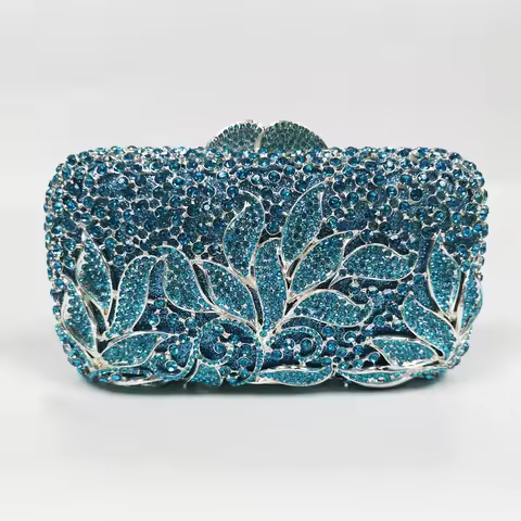 XIYUAN Women Leaf Crystal Evening Bags Sky Blue Minaudiere Wedding Bridal Rhinestone Clutches Bags H