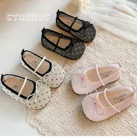 Elegant Polk Dot Embroidery Mesh Ballerina Shoes Kid Girls Bowknot Elastic Band Ballet Flats Baby Ch