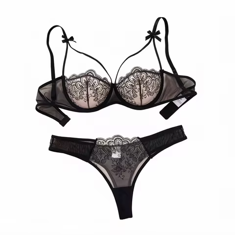 Women Elegant Black Embroidery Lingerie Set Sheer Mesh Underwire Bra T‑back Panty Bow Decor Intimate