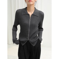 MOYU | คาร์ดิแกนไหมพรมคอปก POLO ซิปคู่