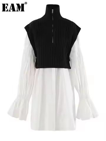 [EAM] Women White Kniitting Irregular Big Size Shirt Dress New Turtleneck Long Sleeve Fashion Tide S