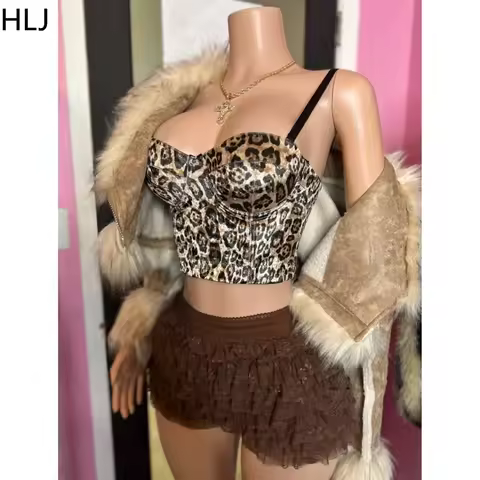 HLJ&GG Fashion Leopard Y2K Lace Ruched Skirts Shorts Two Piece Sets Women Spaghetti Strap Crop Tank 