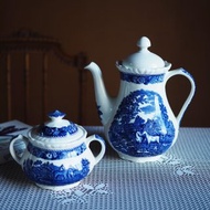 復古 英國老牌 Adams 經典藍白圖案 茶壺 + 糖罐 套裝