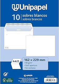 Unipapel | Pack of 10 Envelopes Paper 90g White 162x229mm Straight Seal with Self Adhesive Silicone 