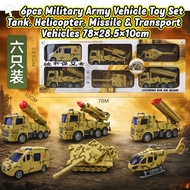🪖 6pcs Military Army Vehicle Toy Set – Tank, Helicopter, Missile & Transport Vehicles – 78x28.5x10cm