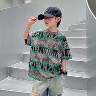 Boys' t-shirt with letter AB771 BIG SIZE 110-170 gray with blue stripes, children's t-shirt