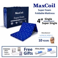 MaxCoil SUPER FOAM Foldable / Folding 4" Mattress (Single / Super Single)  Flexi combo gifts bedding protectors / pads, pillow, bolster.