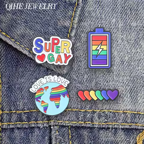 LGBT Rainbow Pride Super Gay Hearts Enamel Pin Love Is Love Rainbow Earth Full Battery Brooch Bag Ba