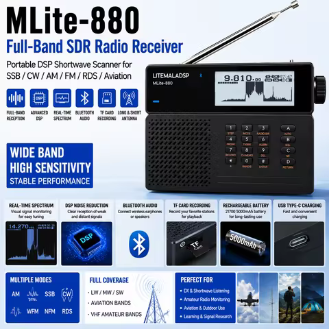 MLite-880 Full Band SDR Radio Receiver Portable DSP Shortwave Scanner SSB CW AM FM RDS Bluetooth TF 