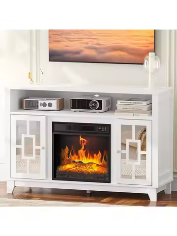 Fireplace TV Stand for 60 Inch TV - Modern Entertainment Center with Glass Door Storage Cabinet, Med