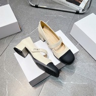 Women's 5c square heel doll shoes in black and cream color combination, 5cm square heel buckle shoes