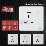 reTouch White Ultra Rimless Switch 13A 15A Big Rocker Universal USB Switched Socket 2 Gang Neon SIRI