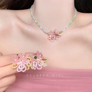 Pink Flower Beaded Necklace Female Island Vacation Style Pink Green Clavicle Chain Dopamine Begonia 