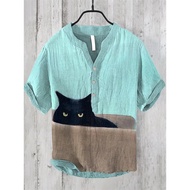 Linen Black Kitten 3D Printed Pullover Shirt Hawaiian V-neck Shirt Cross-border Men's Clothing Short