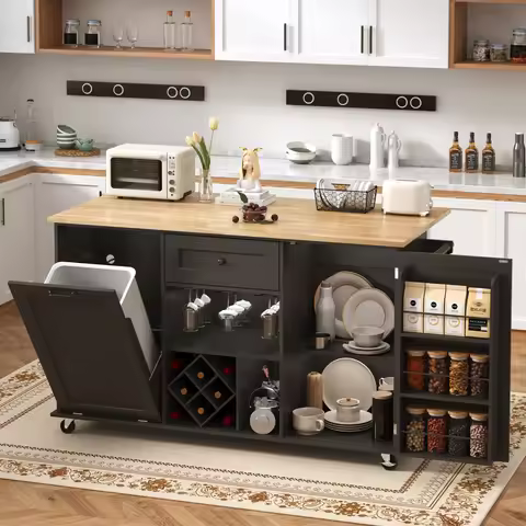 59" Kitchen Island On Wheels, Rolling Kitchen Island Cart with Drop Leaf Countertop, Portable Mobile