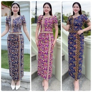 HM-set (Whole set) 2-Piece set Navy Blue Batik Dress Of Cloth Floral Pattern Square Neck But Bow Sho