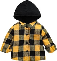 Kids Little Boys Girls Baby Long Sleeve Button Down Hooded Plaid Shirt Red Plaid Flannel Outfits, Yellow, 2-3T