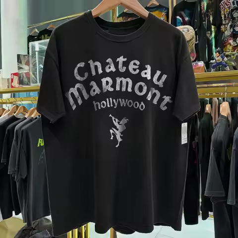 90s Chateau Marmont 'Hollywood' Rare Washed Black T-Shirt Summer Cotton Print Casual Sports Short Sl