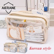 AICRANE กระเป๋าผ้าหลายชั้นกล่องดินสอแบบใสกล่องเดินทาง Pouch Pensil INS สำหรับเด็กผู้หญิง/เด็กผู้ชาย