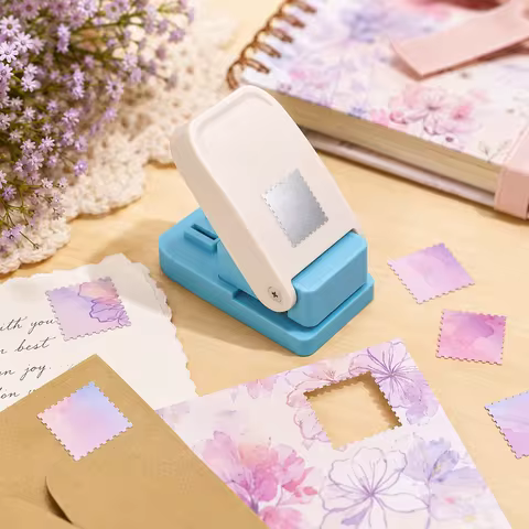 Square Postage Stamp Embossing Punch with Safe Lock, Paper Hole Puncher for Scrapbook Decor DIY Card