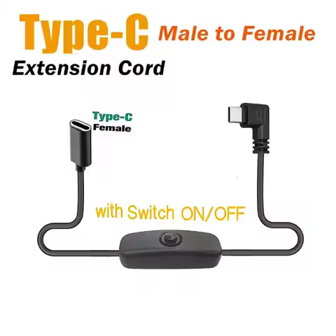 35cm 90 Degree USB-C Extension Cable with ON OFF Switch, 5V Power Supply Charging Cord USB C Female 
