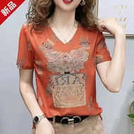 【M-4XL】Hot Fix Rhinestone Vintage Shirt v Neck Baju T Shirt Women Shirt Retro Shirt Woman Baju Perem