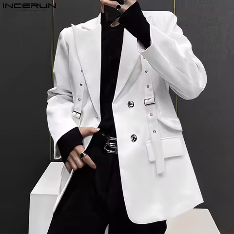INCERUN Korean Fashion Men Blazer Casual Long Sleeve Solid Tops Pocket Button Steetwear Male Outfits