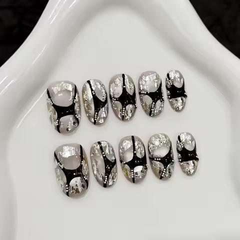 10 PCS Luxury Handmade Press on Nails Short Oval Burst Flash Hottie Design with 3-PIECE Tool Adhesiv