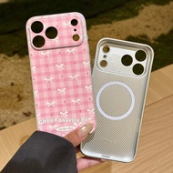 IPhone 17promax White Leather Silver Edge Pink Check Bowknot i16 i15 i14 15plus Magnetic All-Inclusi
