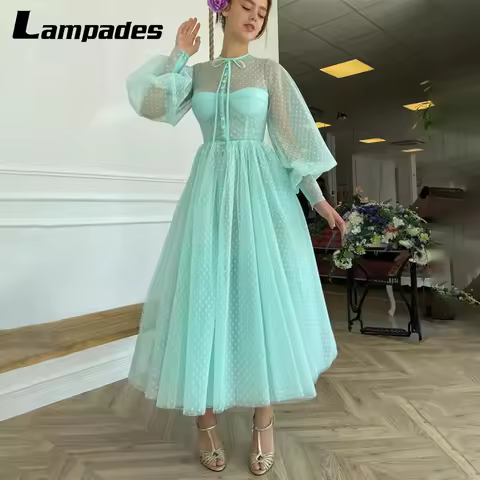 Aqua Turquoise Green Dotted Tulle Long Sleeves Prom Dress Tea Length Special Occasions Robe Ceremoni