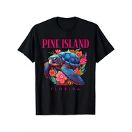 Pine Island Florida Floral Beach Turtle Souvenir T-Shirt, Cotton 220G, Black Crew Neck, S-XXXL, Soft