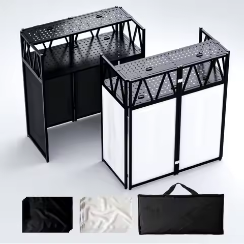 Portable DJ Booth Table,Foldable DJ Table Stand Portable with White & Black Scrim,Adjustable DJ Faca