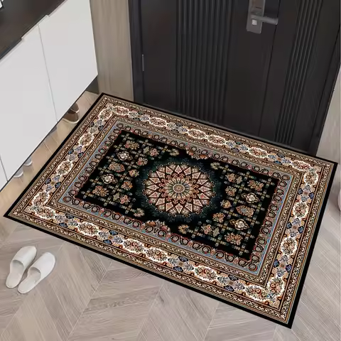 Black Floral Mandala Rug Velvet Flannel Printed Floor Mat Boho Persian Style Decorative Carpet Entry