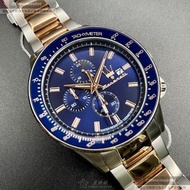 MASERATI手錶,編號R8873640012,44mm寶藍圓形精鋼錶殼,寶藍色三眼, 羅馬數字, 中三針顯示, 運動, 精密刻度錶面,金銀相間精鋼錶帶款,Maserati斜體logo方為新款正貨