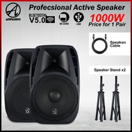 AmpAudio 15 Inch Active Speaker 1000W Active Speaker with Bluetooth Speaker Stand - pair