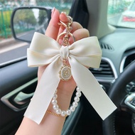 Korean Large Ribbon Bow Keychain Pearl Beaded Pendant Keyring Bag Charm Hanging Accessorie Car Key H