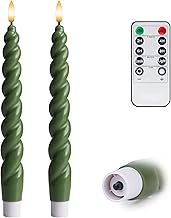 WYZworks 10" Flameless LED Taper Candles – Full Twisted Spiral – Loden Green, Set of 2 – Remote, 2/4