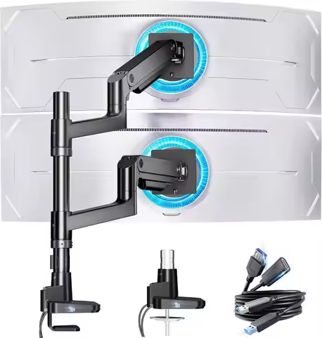 Dual Monitor Arm for Ultrawide Curved Screens, 17-49 Inch, Heavy Duty Gas Spring, Adjustable Stackin