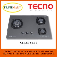 TECNO T23TGSV 75CM 3-BURNER GLASS COOKER HOB WITH INFERNO WOK BURNER TECHNOLOGY + 1 YEAR WARRANTY