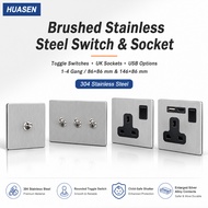 HUASEN Brushed 304 Stainless Steel Toggle Switch & UK Socket, 1-4 Gang 2 Way Wall Switch, USB A/C Ch