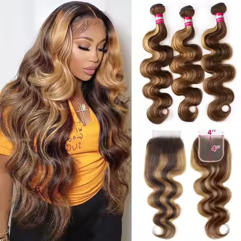 12A Highlight Body Wave Human Hair Bundles with Closure 100% Virgin P4/27 Brown Color Remy Hair Weav