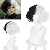 Synthetic Hair Cosplay Cruella Loose Curl Bob with Bang Black White Wig for Men Women Halloween Cost