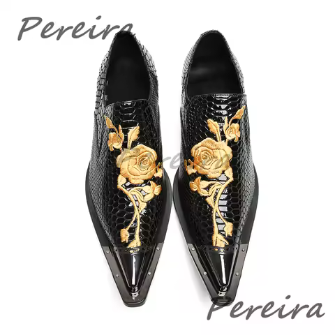 Gold Rose Embroidery Men's Dress Shoes Trendy Patent Leather Serpentine Low Heel Casual Business Sho