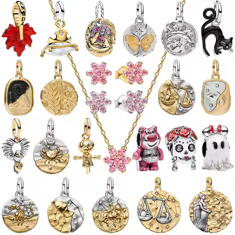 Original 925 Sterling Silver Plate Zodiac Ghost Flower Vintage Relief Coin Dangle Charms Pink Penden
