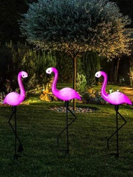 3入組太陽能火烈鳥設計草坪燈，可一對三連接，適用於戶外別墅花園游泳池裝飾景觀照明（隨機太陽能板形狀）